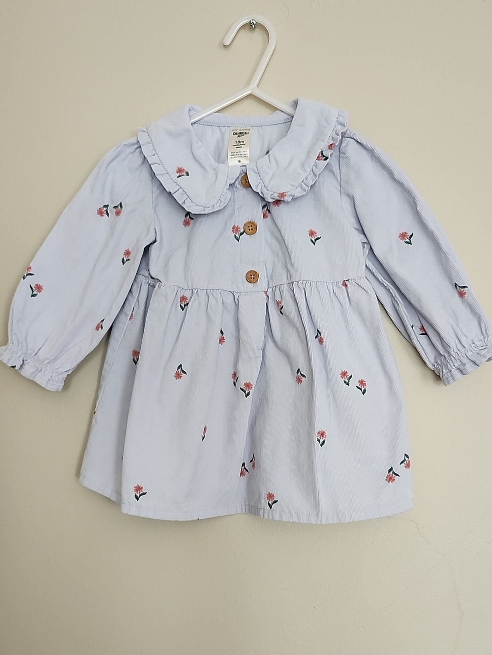 OshKosh  Light Blue  Corduroy Floral Dress with Ruffled Peter Pan Collar, 18M